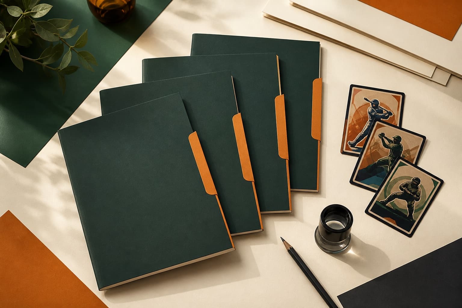 Card scouting guide books arranged with collectible cards and a loupe
