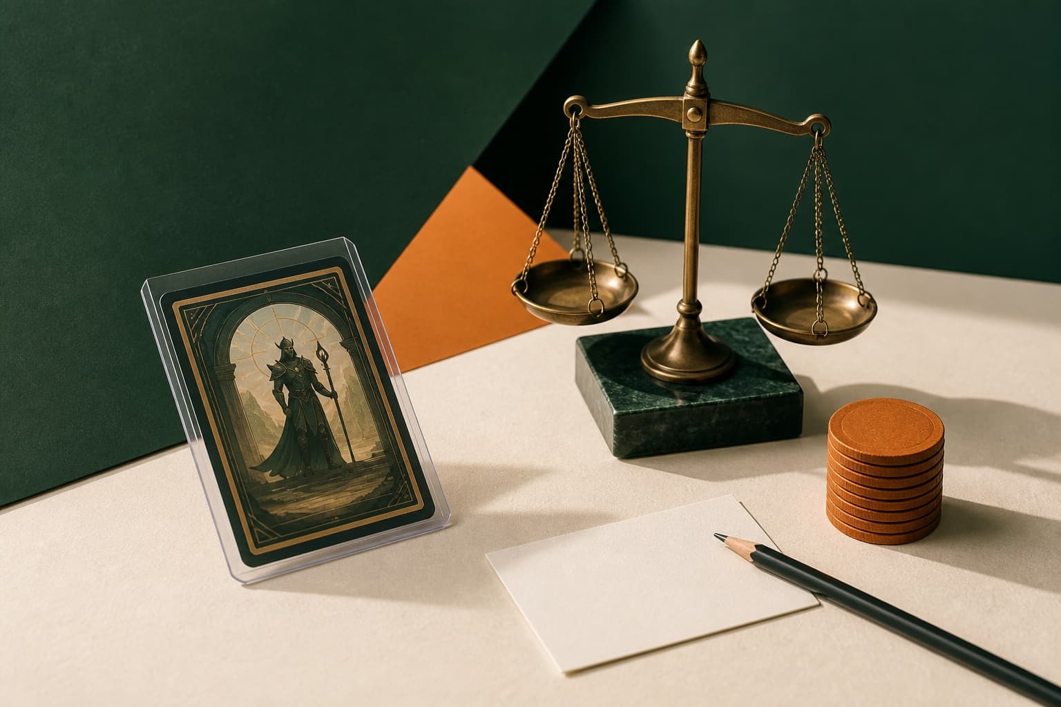 Collectible card beside a balance scale and blank offer tokens