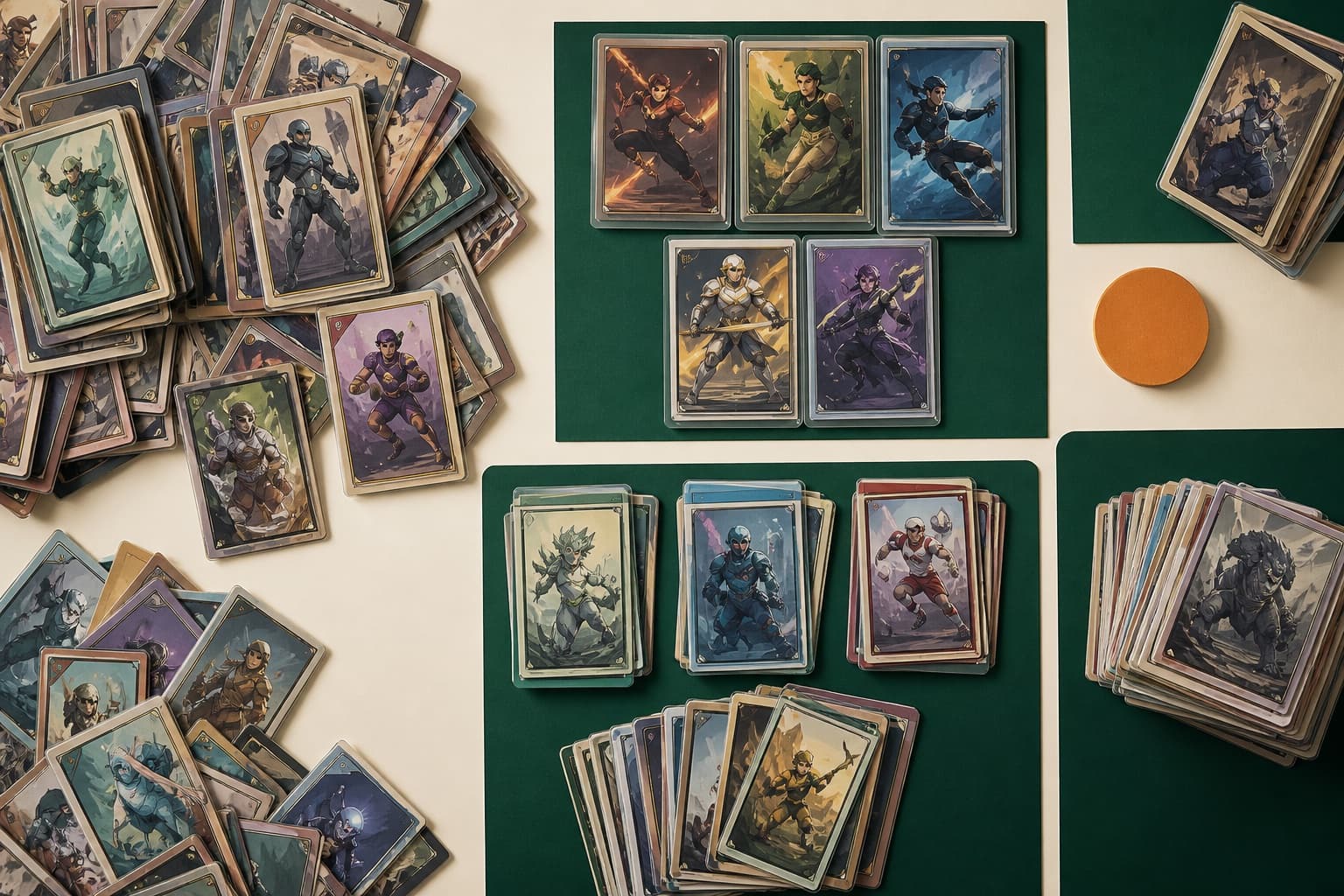 Large fictional trading card lot organized into groups for evaluation