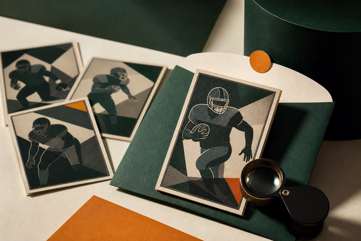 Generic football trading cards arranged for scouting with a magnifying loupe