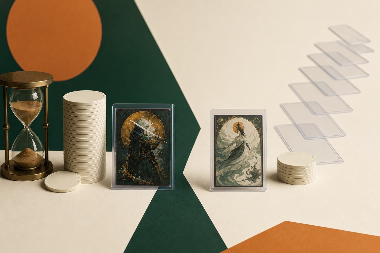 Two collectible cards compared with value tokens, an hourglass, and motion