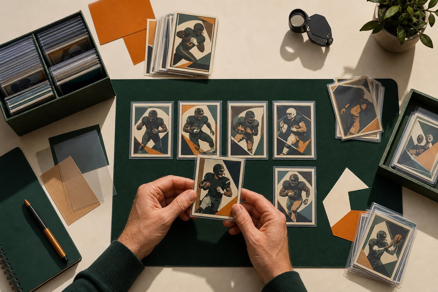 Collector sorting a generic football trading card lot on a green work surface