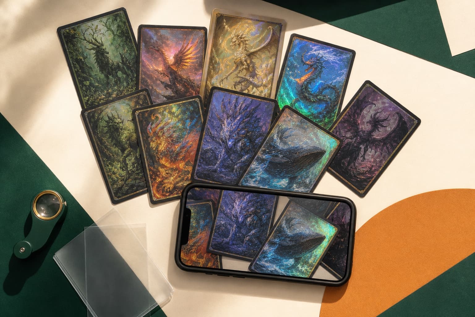 Phone camera reviewing a lot of original fantasy creature trading cards