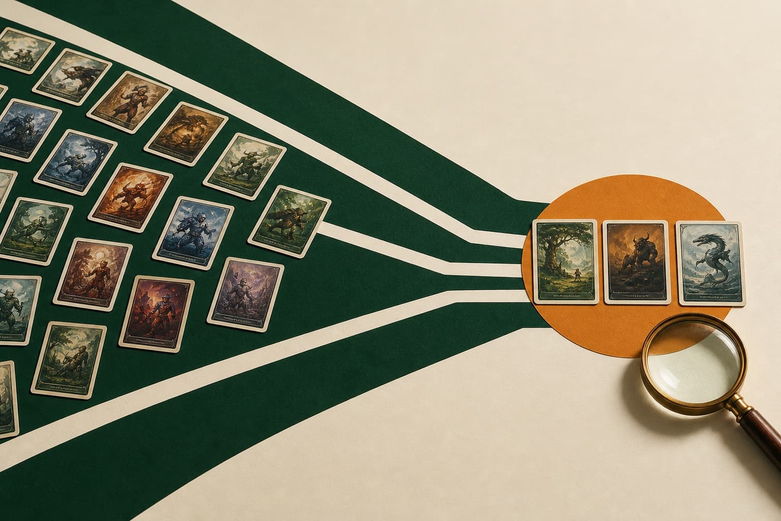 Many collectible cards narrowing into a focused shortlist