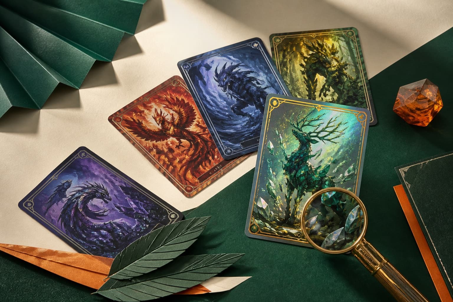 Original fantasy creature trading cards arranged for review with a magnifying glass